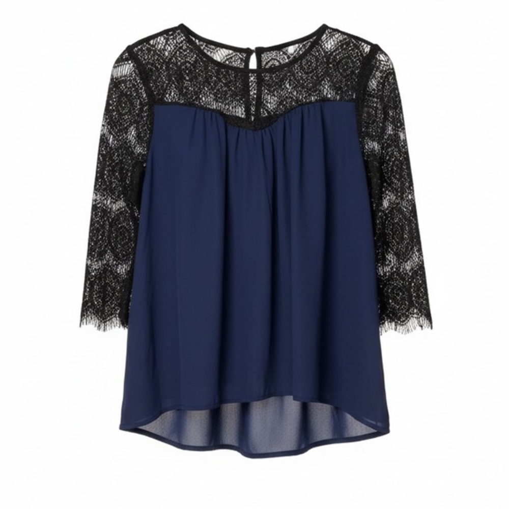 Simply Vera Vera Wang Navy Chiffon Top Black Lace Sleeves Hi Low Blouse